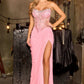 Ladivine CD407 Strapless Sheer Corset Bodice Slit Fitted Formal Gown