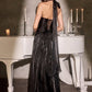 CLEARANCE - Ladivine CD412 Plunging Halter Flowing A-Line Storm Blue Gown (Size 22)