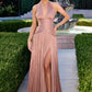 CLEARANCE - Ladivine CD412 Plunging Halter Flowing A-Line Storm Blue Gown (Size 22)