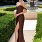 Ladivine CD417 Off Shoulder Pleated Luminescent Chiffon Fitted Gown