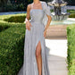 CLEARANCE - Ladivine CD418 One Shoulder A-Line Pleated Luminescent Chiffon Gown (Size 16)