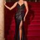Ladivine CD690 Plunging Halter Neckline Beaded Stretch Satin Dress