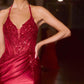 Ladivine CD690 Plunging Halter Neckline Beaded Stretch Satin Dress