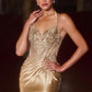 Ladivine CD690 Plunging Halter Neckline Beaded Stretch Satin Dress