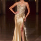 Ladivine CD690 Plunging Halter Neckline Beaded Stretch Satin Dress