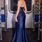 Ladivine CD690 Plunging Halter Neckline Beaded Stretch Satin Dress