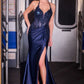 Ladivine CD690 Plunging Halter Neckline Beaded Stretch Satin Dress