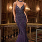 Ladivine CD719 Form Fitting Plunging Neck Sequin Beadwork Formal Dress
