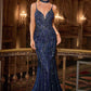 Ladivine CD719 Form Fitting Plunging Neck Sequin Beadwork Formal Dress