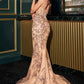 Ladivine CD723 Strapless Fitted Gown Plunging Neckline Floral Detailing