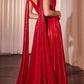 Ladivine CD802 Metallic Pleated A-Line Gown Cape Sash