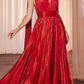 Ladivine CD802 Metallic Pleated A-Line Gown Cape Sash