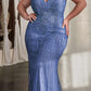 Ladivine CD845 Long Layered Tulle Embellished Rhinestone Gown