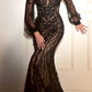 Ladivine CD864 Long Bishop Sheer Sleeve V-Neckline Embellished Gown