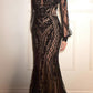 Ladivine CD864 Long Bishop Sheer Sleeve V-Neckline Embellished Gown