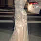 Ladivine CD866 Fitted Fringe Embellished Tulle Overlay Nude Lining Formal Gown