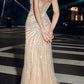 Ladivine CD866 Fitted Fringe Embellished Tulle Overlay Nude Lining Formal Gown