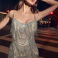 Ladivine CD866 Fitted Fringe Embellished Tulle Overlay Nude Lining Formal Gown