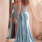 CLEARANCE - Ladivine CD868 Long Glamorous Lace Detailed Silver Gown Side Sash (Size 2)
