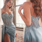 CLEARANCE - Ladivine CD868 Long Glamorous Lace Detailed Silver Gown Side Sash (Size 2)