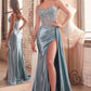CLEARANCE - Ladivine CD868 Long Glamorous Lace Detailed Silver Gown Side Sash (Size 2)