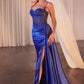 CLEARANCE - Ladivine CD868 Long Glamorous Lace Detailed Silver Gown Side Sash (Size 2)