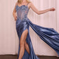 CLEARANCE - Ladivine CD868 Long Glamorous Lace Detailed Silver Gown Side Sash (Size 2)