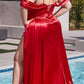 Ladivine CD875 Long Soft Satin Fitted Gown Off the Shoulder with Slit