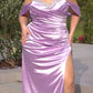 Ladivine CD875 Long Soft Satin Fitted Gown Off the Shoulder with Slit