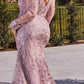 Ladivine CD989 Floor Length Glitter Print Dress with Long Sleeves