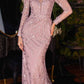 Ladivine CD989 Floor Length Glitter Print Dress with Long Sleeves