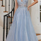Cinderella Divine CD994 Long A-Line Beaded Tulle Gown Lace Detail V-Neck
