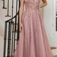 Cinderella Divine CD994 Long A-Line Beaded Tulle Gown Lace Detail V-Neck