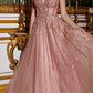 Cinderella Divine CD994 Long A-Line Beaded Tulle Gown Lace Detail V-Neck
