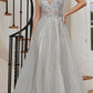 Cinderella Divine CD994 Long A-Line Beaded Tulle Gown Lace Detail V-Neck