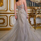 Cinderella Divine CD994 Long A-Line Beaded Tulle Gown Lace Detail V-Neck