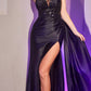 Cinderella Divine CDS415 Long Fitted Satin Gown with Lace Detail and Slit