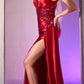 Cinderella Divine CDS415 Long Fitted Satin Gown with Lace Detail and Slit