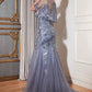 Cinderella Divine CDS438 Long Beaded Mermaid Gown Removable Short Sleeve Capelet