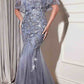 Cinderella Divine CDS438 Long Beaded Mermaid Gown Removable Short Sleeve Capelet