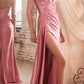 Cinderella Divine CDS441 Long Satin V-Neck Sexy Side Slit Gown Side Sash