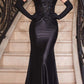Ladivine CDS450 Long Fitted Lace Applique Bodice Sheer Bodice Gown