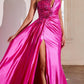 Ladivine CDS454 Floor Length One Shoulder Keyhole Bodice Leg Slit Satin Gown