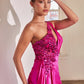 Ladivine CDS454 Floor Length One Shoulder Keyhole Bodice Leg Slit Satin Gown