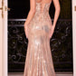 Ladivine CDS491 Long Liquid Sequin and Lace Fitted Dress