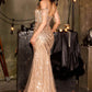 Ladivine CDS555 Cold Shoulder Fringe Fitted Formal Gown