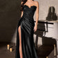 CLEARANCE - Ladivine CDS567 Strapless Sleek Satin Skirt Leg Slit Floral Beaded Gown (Size 2)