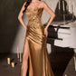 CLEARANCE - Ladivine CDS567 Strapless Sleek Satin Skirt Leg Slit Floral Beaded Gown (Size 2)