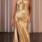Ladivine CH048 Long V-Neck Halter Fitted Satin Corset Waist Gown