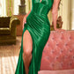 Ladivine CH048 Long V-Neck Halter Fitted Satin Corset Waist Gown